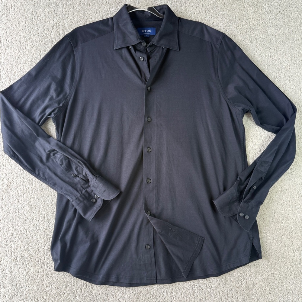 Eton Button Front Shirt Mens L Black Contemporary Long Sleeve Cotton